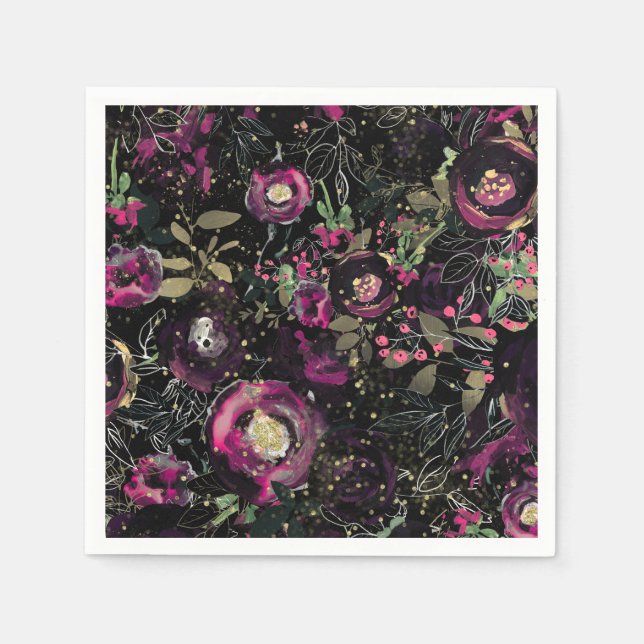 Mörk Moody Bär Plomme Glitter Blommig Modern Pappersservett (Framsidan)