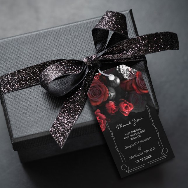 Mörk Moody Black Red Blommigts Märkre Presentetikett (Dark Moody Black Red Florals Gift Tag, A wildflower and roses wedding favor tag design #dark)