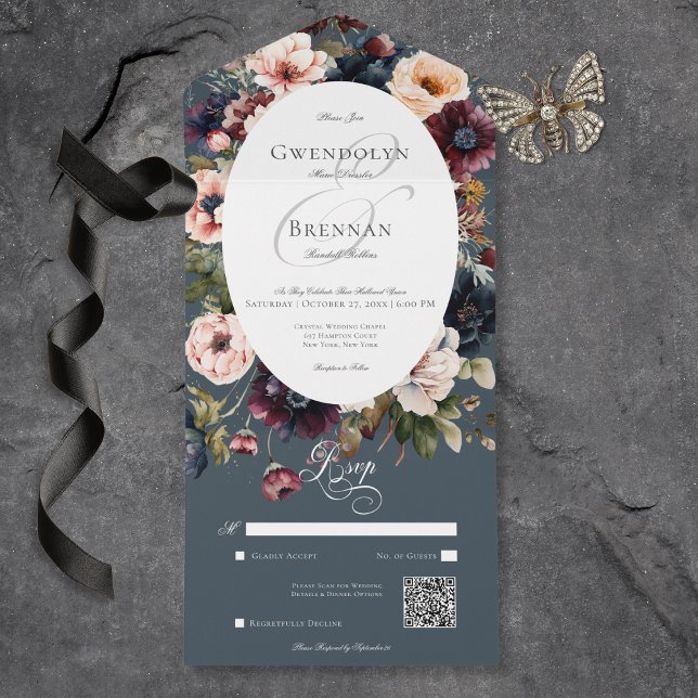 Mörk Moody blåoval Blommigt Ram QR-kod (Dark Moody Blue Oval Floral Frame QR Code All In One Invitation)