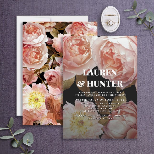 Mörk Moody Blommigt för  Rosa Botanical Bröllop In Inbjudningar (Skapare uppladdad)