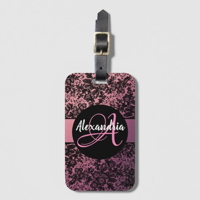 Mörk Moody Blommigt på Rosa Monogram Bagagebricka (Framsida vertikal)