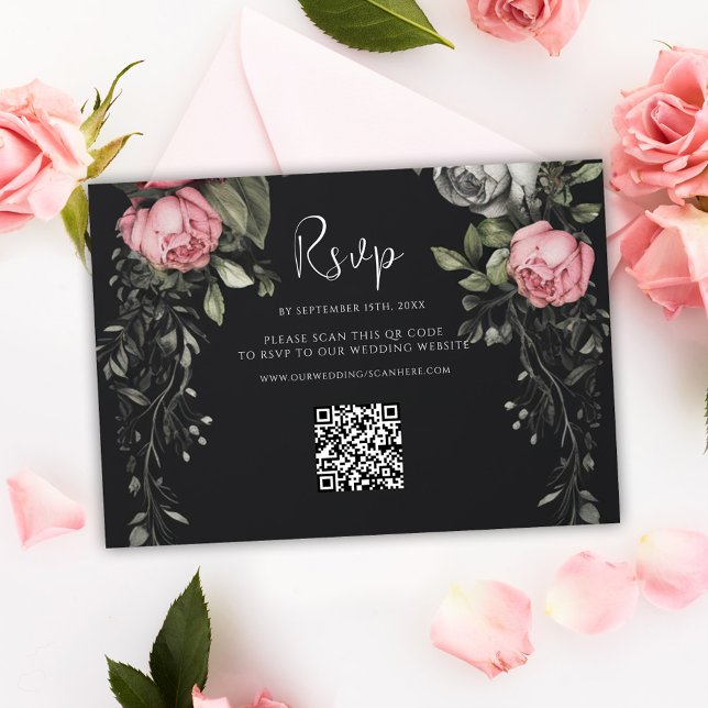 Mörk Moody Blommigt QR-kod Bröllop OSA Kort (Dark Moody Floral QR Code Wedding RSVP Card)