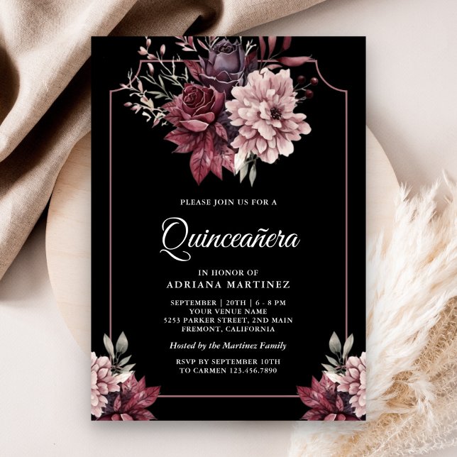 Mörk Moody Blommigt Ram Black Quinceanera Inbjudningar (Skapare uppladdad)