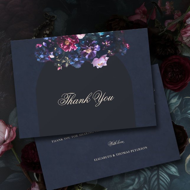 Mörk Moody Blommigt Romantic Black Mauve Bröllop Tack Kort (dark moody wedding thank you card purple black jewel tones dutch painting romantic gothic)