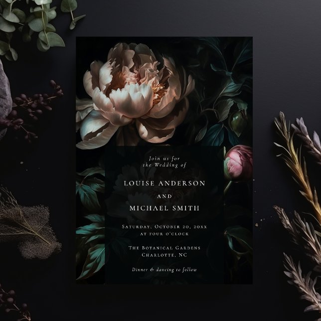 Mörk Moody Blommigt Romantic Black Peony Bröllop Inbjudningar (Skapare uppladdad)