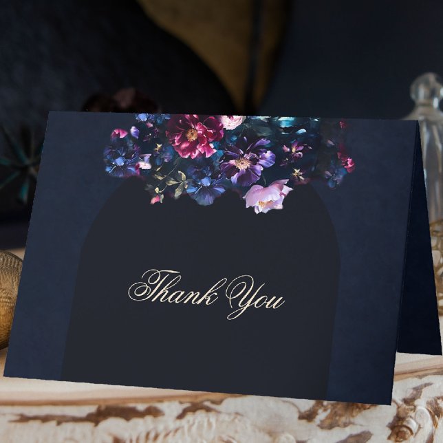 Mörk Moody Blommigt Romantic Mauve Black Bröllop Tack Kort (dark moody wedding folded thank you card purple black jewel tones dutch painting romantic gothic)