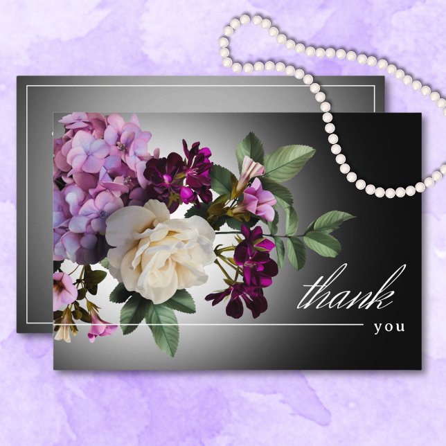Mörk Moody Blommigten vid Midnight Lila Romantik B Tack Kort (Dark Moody Midnight Purple Floral Romance Wedding Thank You Card)
