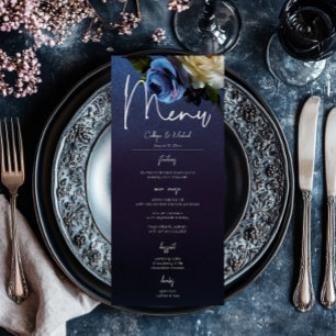 Mörk Moody Blue Lavender Blommigt Modern Bröllop Meny