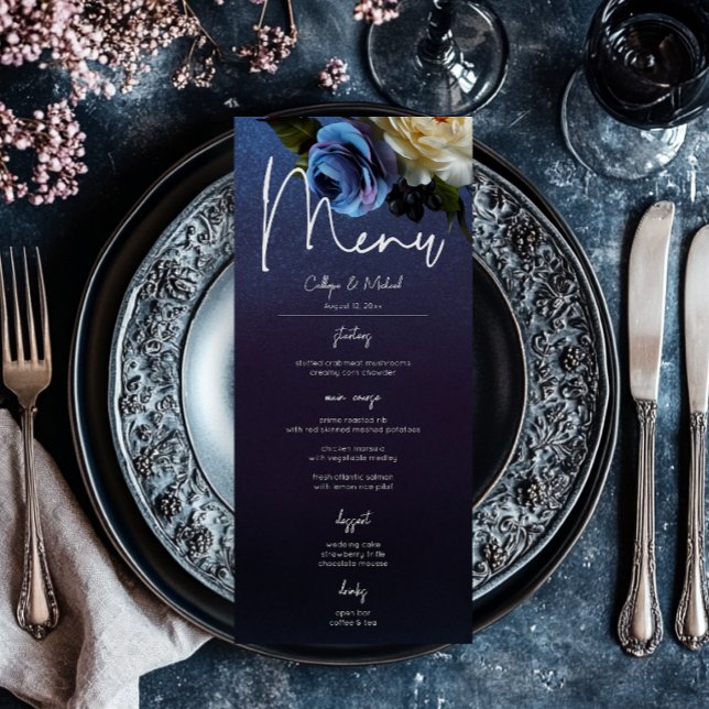 Mörk Moody Blue Lavender Blommigt Modern Bröllop Meny (Dark Moody Blue Lavender Floral Modern Wedding Menu)