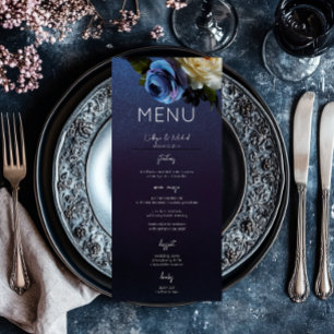 Mörk Moody Blue Lavender Blommigt Modern Bröllop Meny