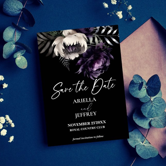Mörk moody boho elegant bröllop spara datumet (Dark moody boho elegant purple peonies wedding save the date card editable template digital download)