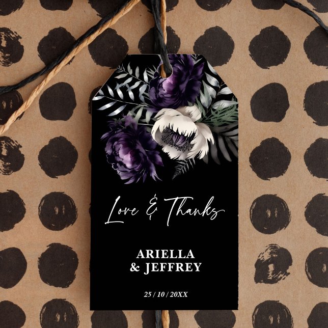 Mörk moody boho elegant bröllop tack för att du vi presentetikett (Dark moody boho elegant wedding thank you favor gift tags purple peony favor tags wedding favors)