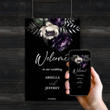 Mörk moody boho elegant bröllop välkomstskylt