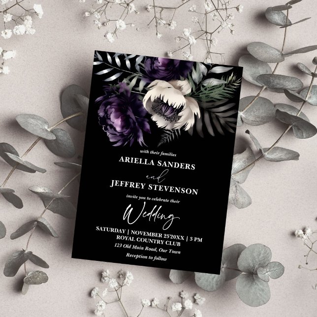 Mörk moody boho elegant i bröllop inbjudningar (Dark moody boho elegant all in one wedding editable template invitation digital download purple)
