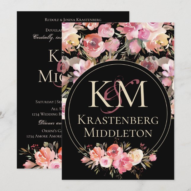 Mörk Moody Bröllop Monogram  vinter Ro Inbjudningar (Fram/baksida)