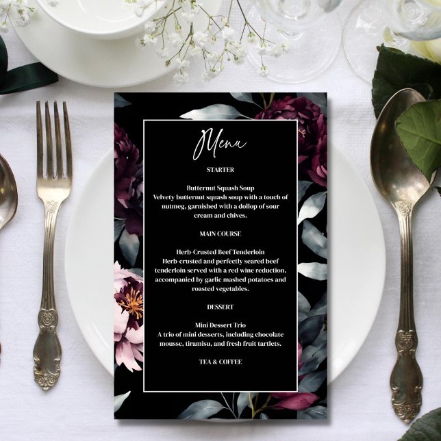 Mörk moody burgundblommor elegant bröllop-menyn (Dark moody burgundy flowers elegant wedding menu template card black themed function menu drink list)