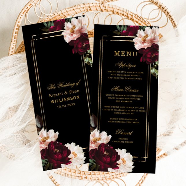 Mörk Moody Burgundy  Black Blommigt Bröllop Meny (dark moody decadent realistic blush burgundy floral flowers gold geometric slim wedding menu cards)