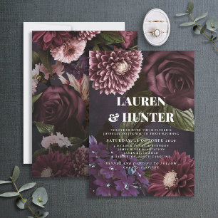 Mörk Moody Burgundy Blommigt Botanical Bröllop Inv Inbjudningar