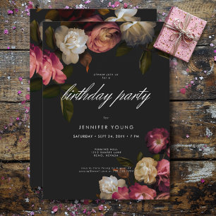 Mörk Moody Burgundy & Cream Peonies Black Birthday Inbjudningar