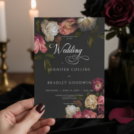 Mörk Moody Burgundy & Cream Peonies Black Bröllop Inbjudningar