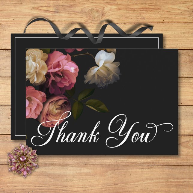 Mörk Moody Burgundy & Cream Peonies Black Bröllop Tack Kort (Dark Moody Burgundy & Cream Peonies Black Wedding Thank You Card)