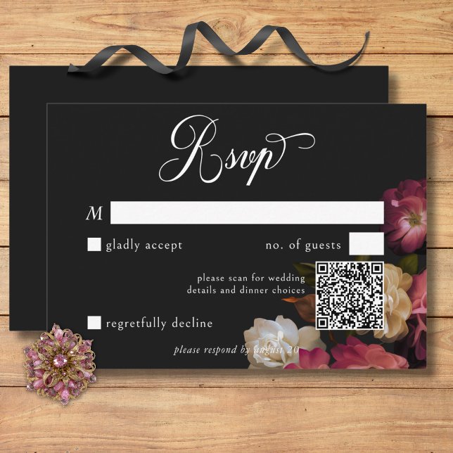 Mörk Moody Burgundy & Cream Peonies Black QR-kod OSA Kort (Dark Moody Burgundy & Cream Peonies Black QR Code RSVP Card)