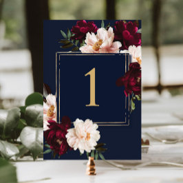 Mörk Moody Burgundy Navy Blue Blommigt Bröllop Bordsnummer