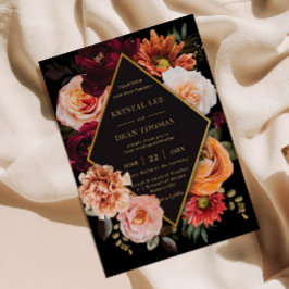 Mörk Moody Burgundy Orange Rust Blommigt Bröllop Inbjudningar