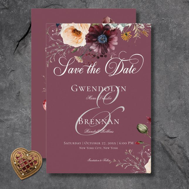 Mörk Moody Burgundy Oval Blommigt Ram Bröllop Spar Spara Datumet (Dark Moody Burgundy Oval Floral Frame Wedding Save the Date Card)