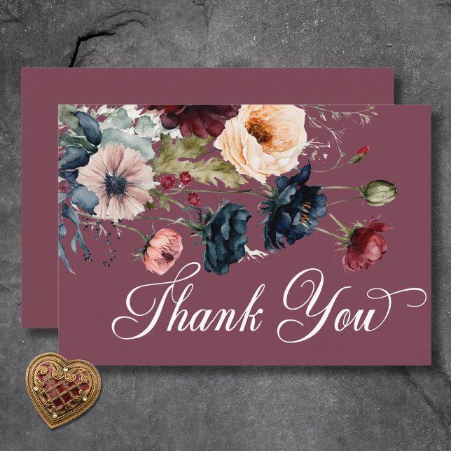 Mörk Moody Burgundy Oval Blommigt Ram Bröllop Tack Kort (Dark Moody Burgundy Oval Floral Frame Wedding Thank You Card)