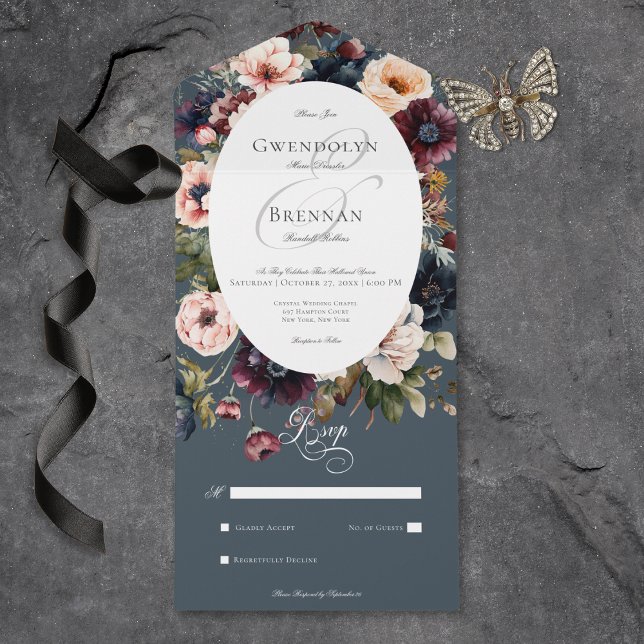 Mörk Moody Burgundy Oval Blommigt Ram Ingen middag (Dark Moody Burgundy Oval Floral Frame No Dinner All In One Invitation)