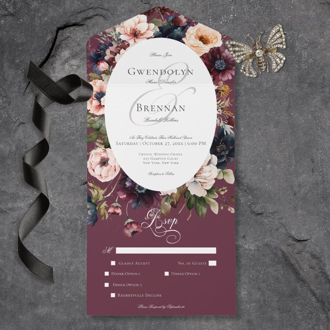Mörk Moody Burgundy Oval Blommigt Ram Middag (Dark Moody Burgundy Oval Floral Frame Dinner All In One Invitation)