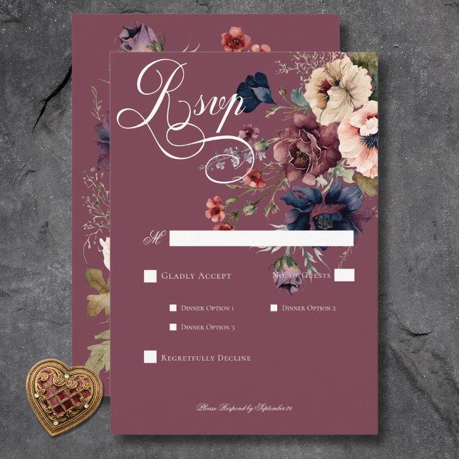 Mörk Moody Burgundy Oval Blommigt Ram Middag OSA Kort (Dark Moody Burgundy Oval Floral Frame Dinner RSVP Card)