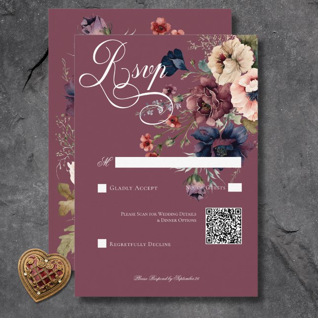 Mörk Moody Burgundy Oval Blommigt Ram QR-kod OSA Kort (Dark Moody Burgundy Oval Floral Frame QR Code RSVP Card)