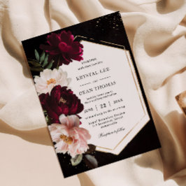 Mörk Moody Burgundy  Peonies Blommigt Bröllop Inbjudningar