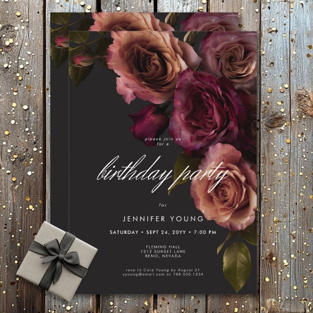 Mörk Moody Burgundy Rust Ro Blooms Birthday Inbjudningar (Dark Moody Burgundy Rust Rose Blooms Birthday Invitation)