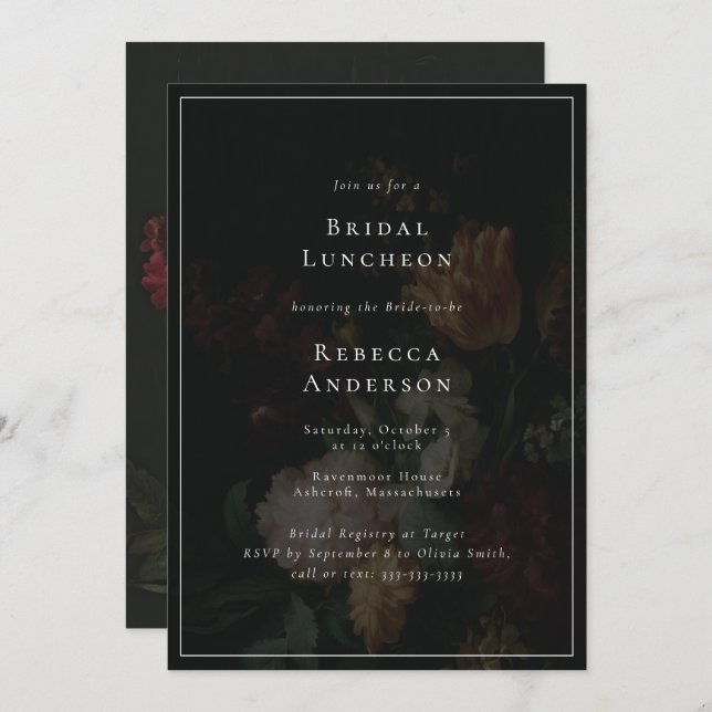 Mörk Moody Elegant Flowers Bouquet-Möhippa Inbjudningar (Fram/baksida)