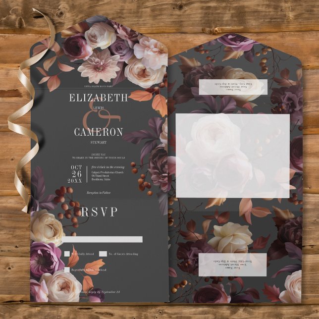 Mörk Moody Fall Burgundy & Cream Peonies No Middag (Dark Moody Fall Burgundy & Cream Peonies All In One Wedding Invitation without Dinner Options)