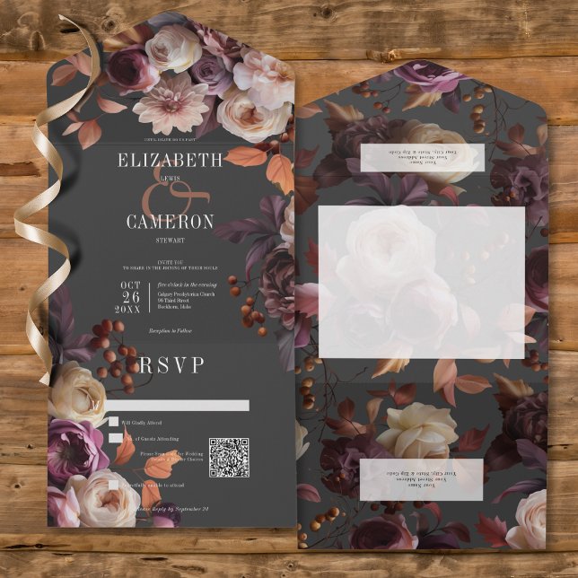 Mörk Moody Fall Burgundy & Cream Peonies QR-kod (Dark Moody Fall Burgundy & Cream Peonies All In One Wedding Invitation with QR Code)
