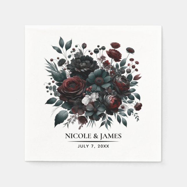 Mörk Moody Forest Flowers Elegant Blommigt Bröllop Pappersservett (Framsidan)