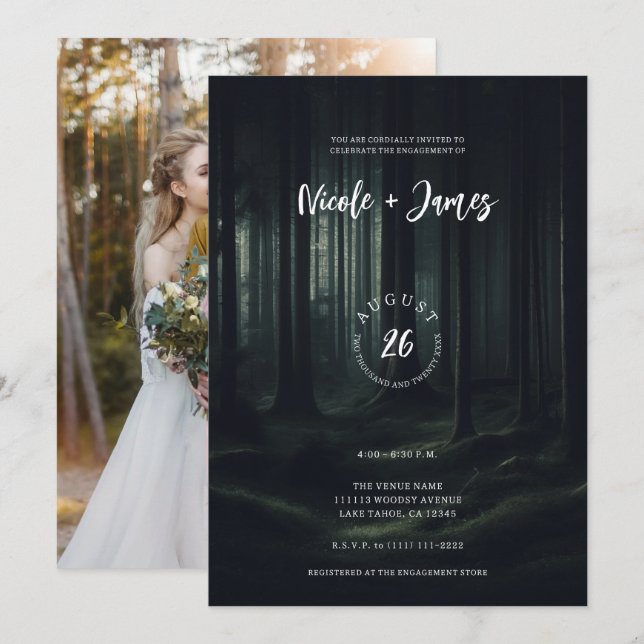 Mörk Moody Forest Träd vid Twilight-Förlovningen Inbjudningar (Fram/baksida)