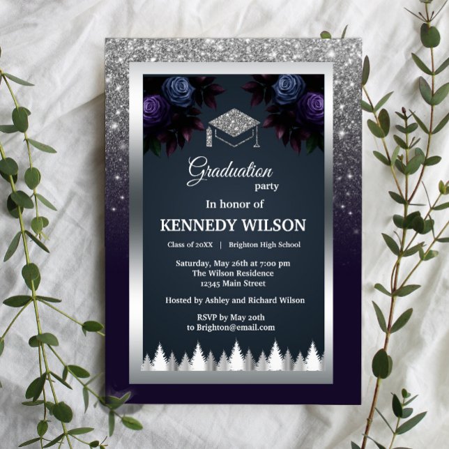 Mörk Moody Glitter-marinblått Studenten Inbjudningar (Dark Moody Glitter Silver Navy Blue Graduation Invitation #graduationinvitation #navybluesilver)