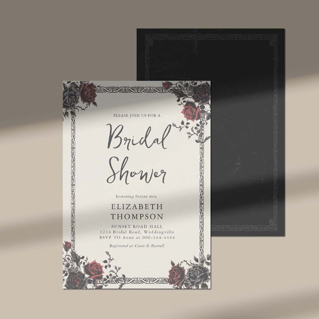Mörk Moody Gothic Red Black Ro Möhippa Inbjudningar (dark and moody bridal shower ideas gothic frame vintage roses black red elegant classy stylish)