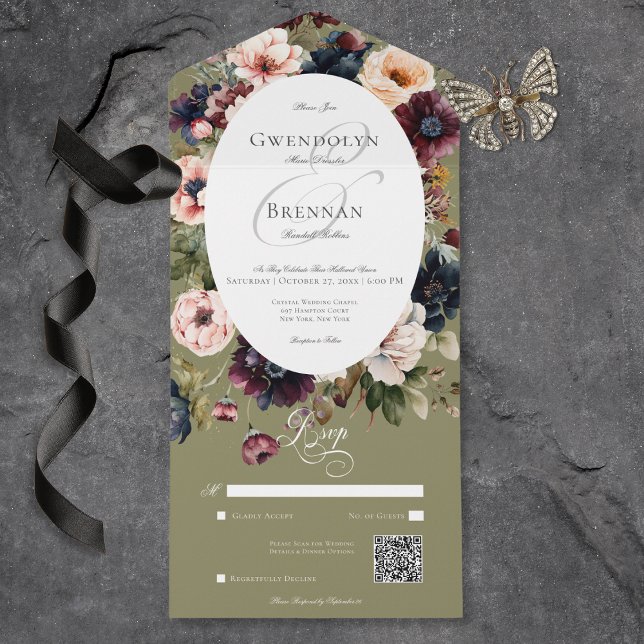 Mörk Moody Grönt Oval Blommigt Ram QR-kod (Dark Moody Green Oval Floral Frame QR Code All In One Invitation)