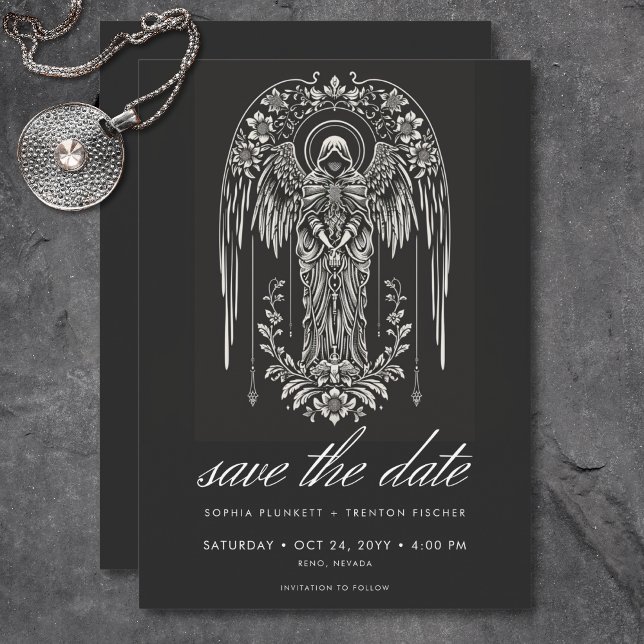 Mörk Moody inkapslade ängen Bröllop Spara Datumet (Dark Moody Cloaked Angel Wedding Save The Date)