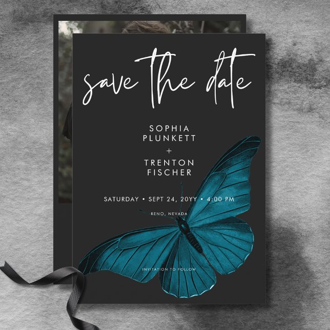 Mörk Moody korttidsfoto Bröllop Spara Datumet (Dark Moody Minimal Teal Moth Photo Wedding Save The Date)