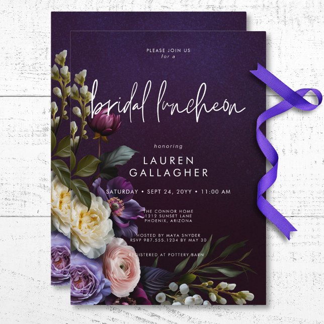 Mörk Moody Lila & Cream Blommigt Möhippa Luncheon Inbjudningar (Dark Moody Purple & Cream Floral Bridal Luncheon Invitation)