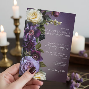 Mörk Moody Lila Lavender Blommigt Modern Bröllop Inbjudningar