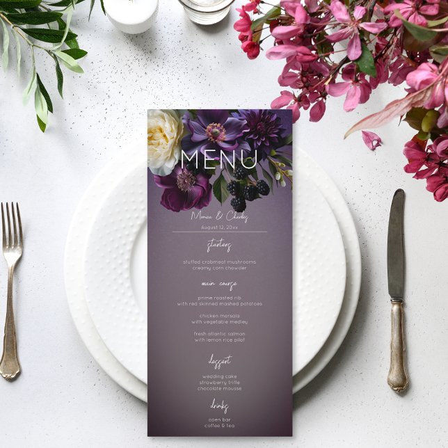 Mörk Moody Lila Lavender Blommigt Modern Bröllop Meny (Dark Moody Purple & Lavender Floral Modern Wedding Menu)