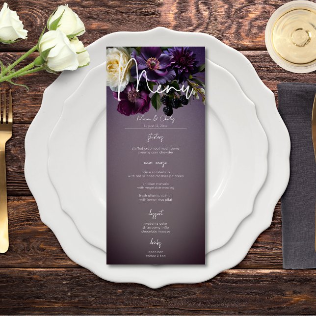 Mörk Moody Lila Lavender Blommigt Modern Bröllop Meny (Dark Moody Purple Lavender Floral Modern Wedding Menu)